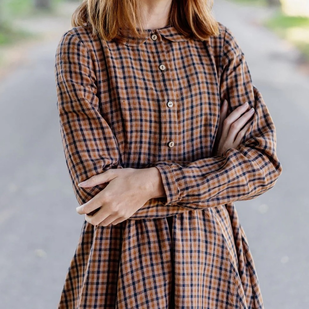 Son de Flor Classic Linen Dress in Brown Check